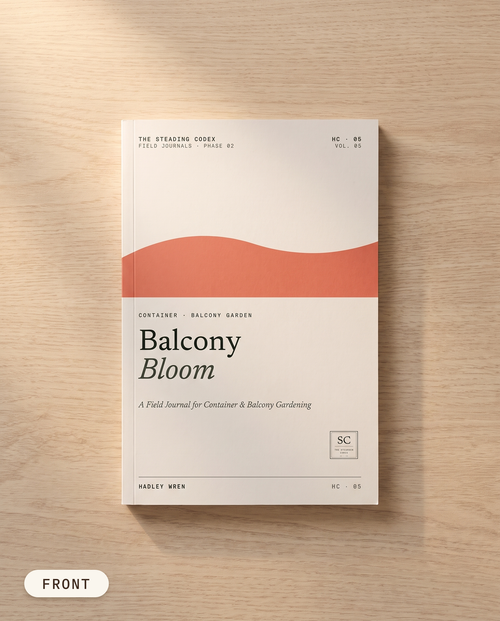 Balcony Bloom container garden journal — front cover on an oak table