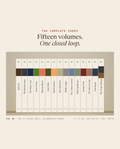 The Steading Codex 15-volume shelf in narrative order — every spine from HC·01 Soil Soul to HC·15 The Scrap Alchemy