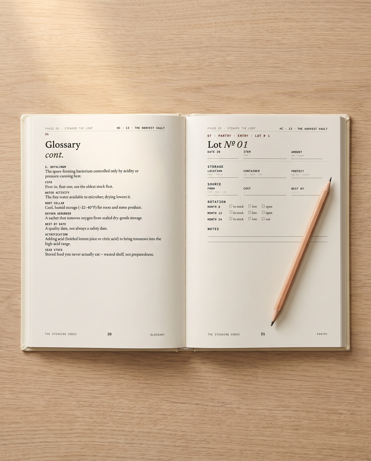 The Harvest Vault open to a pantry inventory log spread
