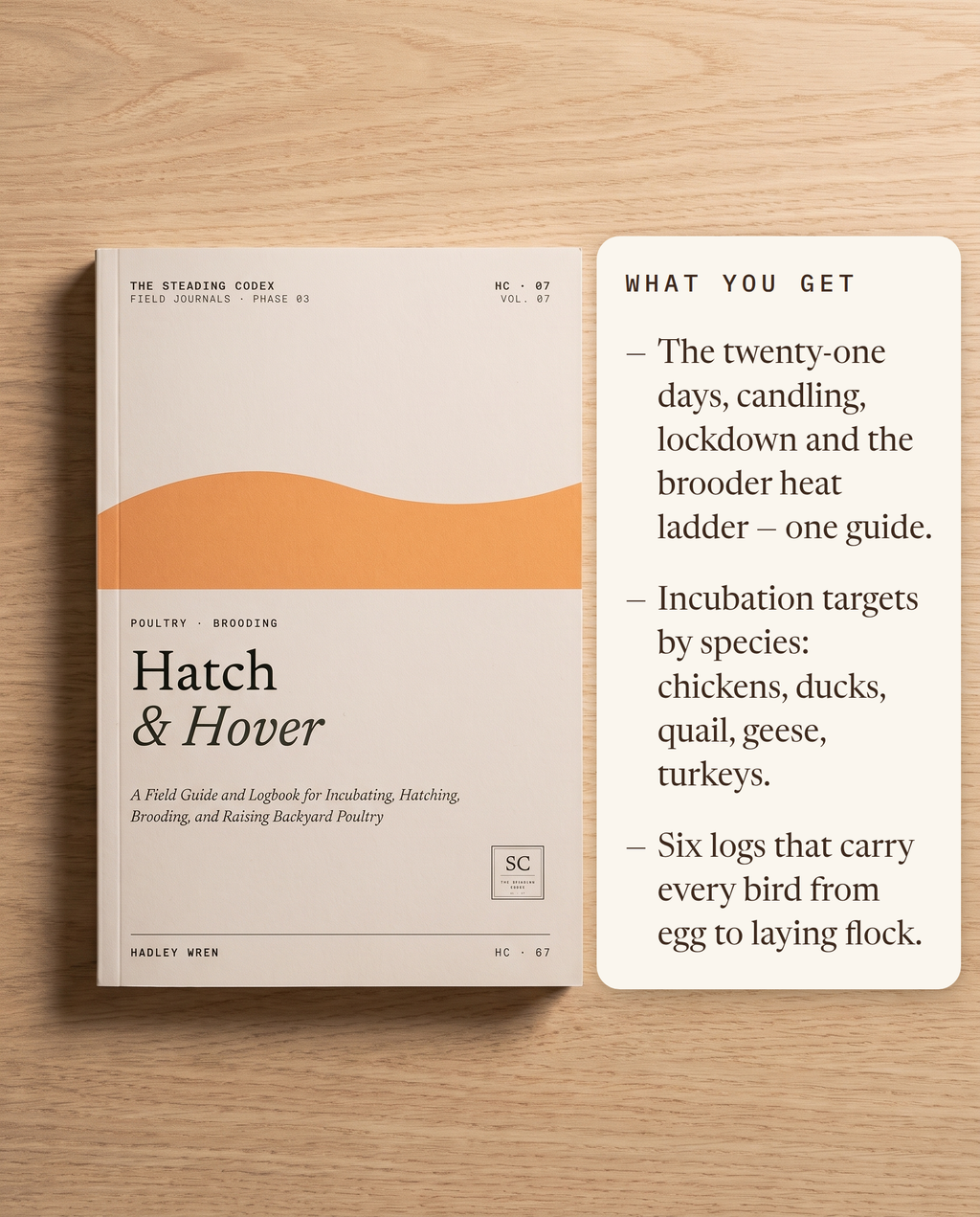 What you get — incubation and brooder guidance, species targets, six hatch logs