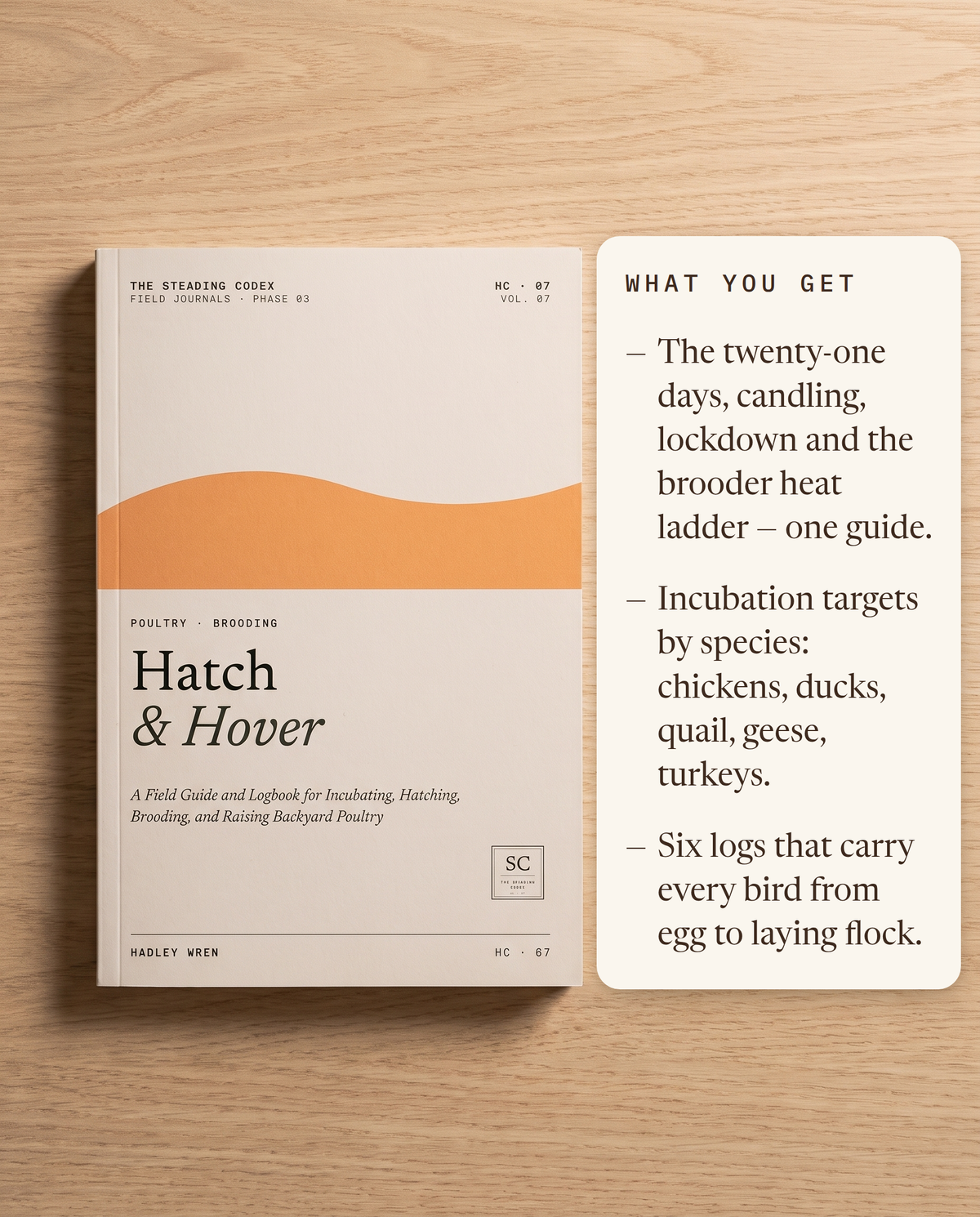 What you get — incubation and brooder guidance, species targets, six hatch logs