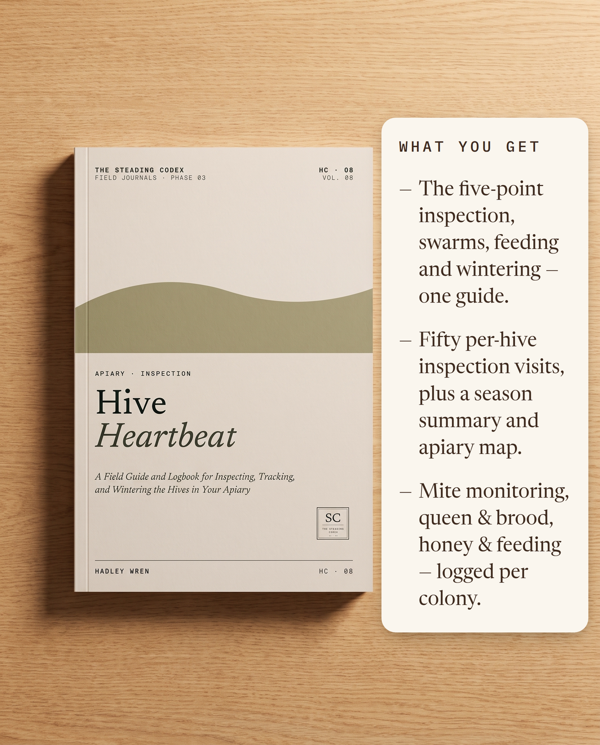 What you get — five-point inspections, fifty hive visits, mite and brood logs