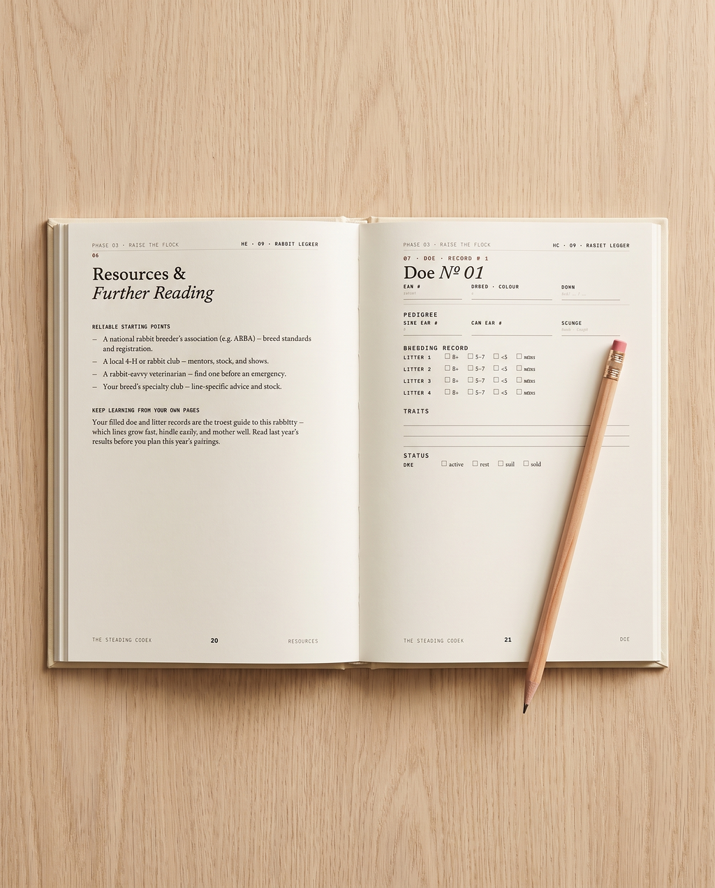 Inside Rabbit Ledger, open to the Doe No.01 breeding log — from the Phase 03 · Raise the Flock set