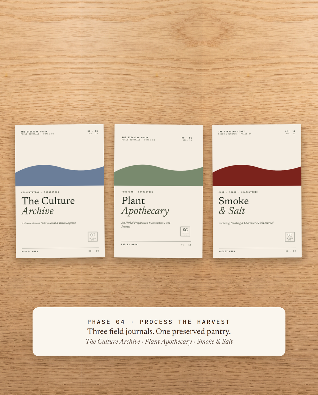 Phase 04 · Process the Harvest 3-volume set — The Culture Archive, Plant Apothecary, Smoke & Salt field journal covers