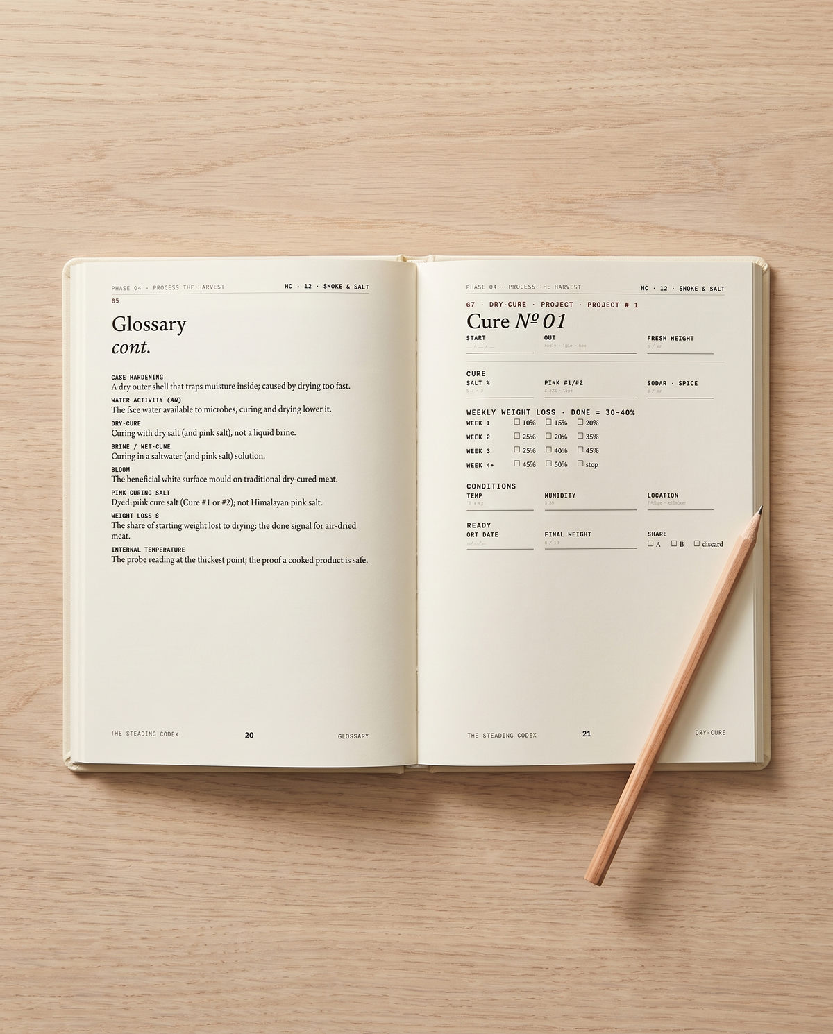 Inside Smoke & Salt, open to the Cure No.01 curing log — from the Phase 04 · Process the Harvest set