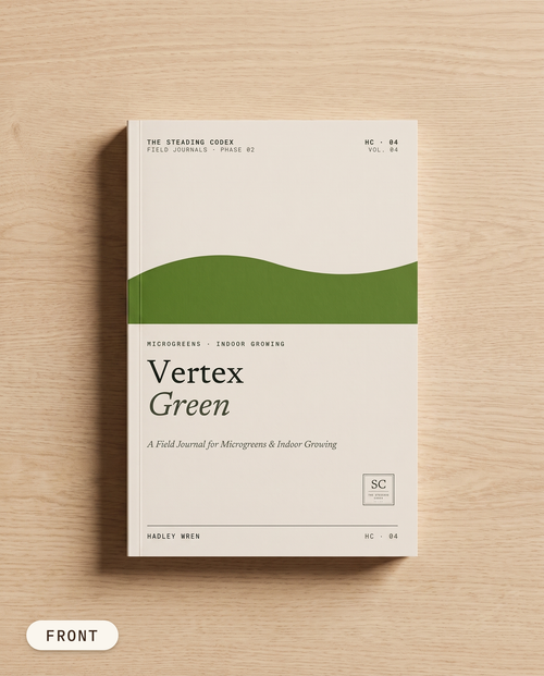 Vertex Green microgreens journal — front cover on an oak table